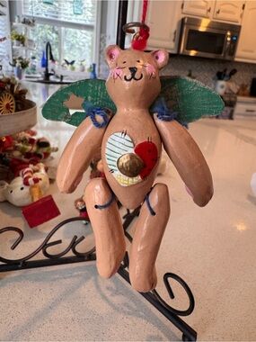 Vintage Hand-Painted Jointed Teddy Bear Angel Ornament – 4" Country Folk Art